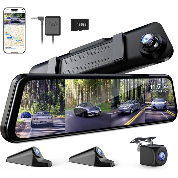 360 Degree View 4 Channel Mirror Dash Cam Detached Camera for CarsDash Front and Rear Side(Left,Right),12'' Camera1080Px4,WiFi,Night Vision,GPS,Parking Monitor,Free 128GB Card
