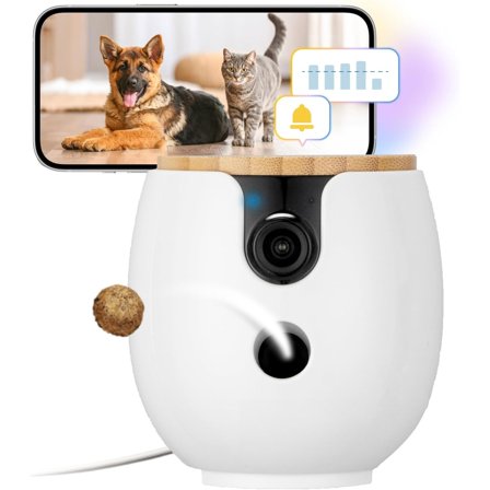 360° Dog Camera - Unlock w/Paid Plan: Home Security & Dog Safety Alerts, Rotating Pet Treat Toss w/ 2-Way Speaker, Smart Cam w/Phone App