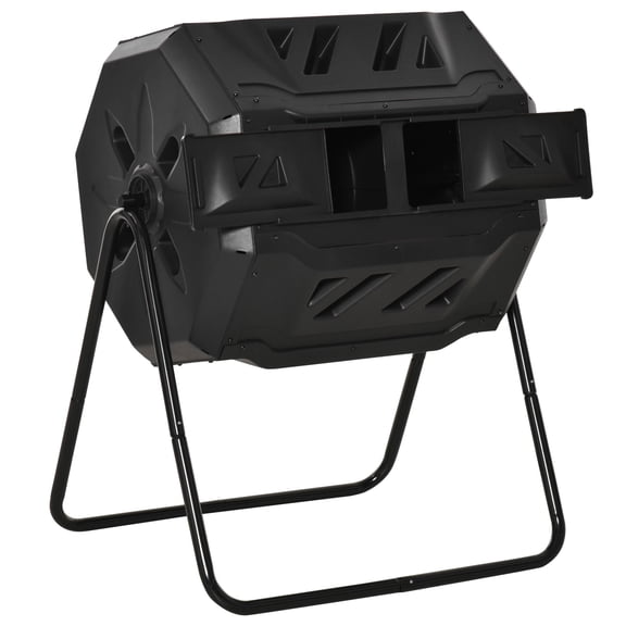 360° Dual Chamber Tumbling Composter 43 Gallon Rotating Compost Bin for Outdoor Garden, Black Plastic
