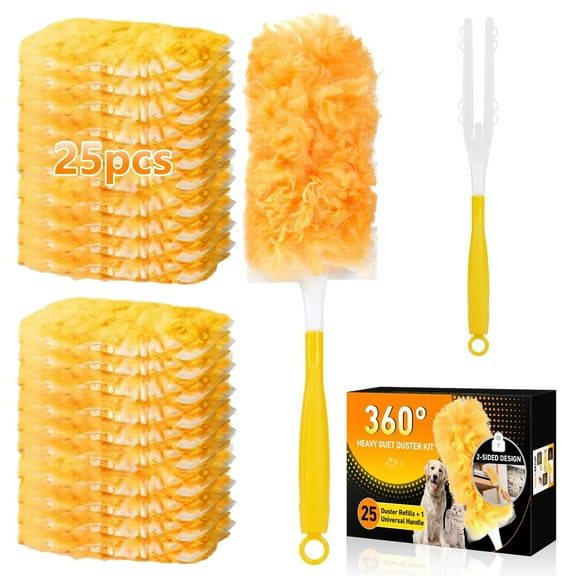 360° Duster Refills Kit for Swifter Duster, 25 Pack & 1 Handle, Multi-Surface Dusters with 4X Microfibers. Efficient Duster Kit for Cleaning Pet Hair, Home, Office, Blinds, Furniture and More