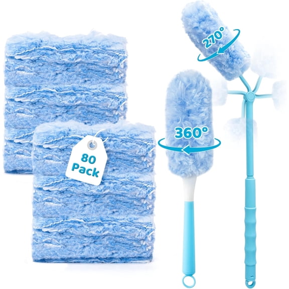 360 Dusters Refills for Cleaning - 80 Count Disposable Feather Duster Kit with 2 Handles, Multi-Surface Microfiber Feather Dusting Cleaner for Furniture Blinds Windows Ceiling Fans (Blue)