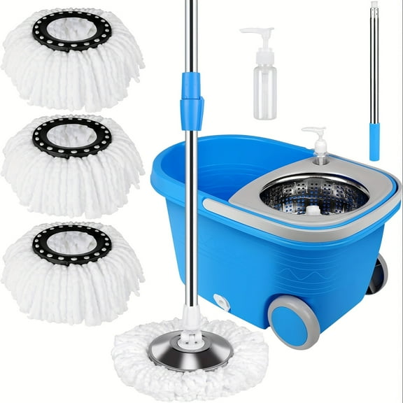 360 Spinning Mop Bucket Floor Cleaning System - 61" Stainless Steel Telescopic Handle Mop And Bucket With Wringer Set On Wheels - 3 Microfiber Refills For Home Office Floor Cleaning