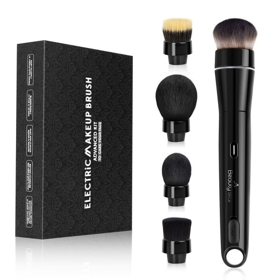 360° Electric Rotating Makeup Brush Set, 5 Vegan Brush Heads, Rechargeable,Black