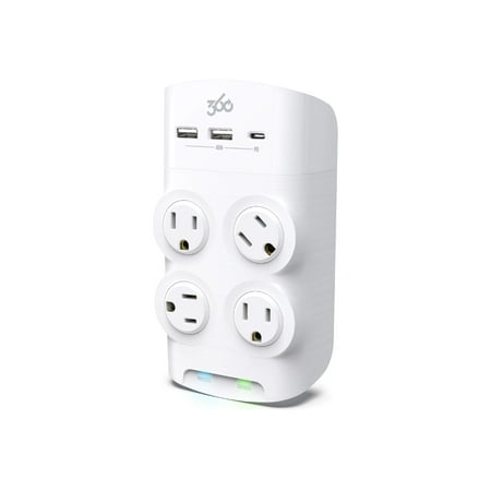 360 Electrical - Revolve45, 4 Rotating Outlets/2 USB-A and 1 USB-C 1080 Joules Surge Protector - White