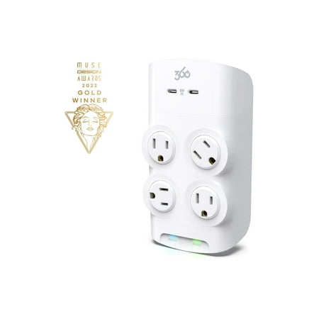 360 Electrical - Revolve60, 4 Rotating Outlets/ 2 USB-C 1080 Joules Surge Protector - White