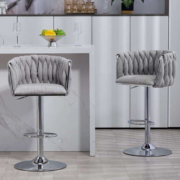 360° Fabric Cover Swivel Bar Stools Set Of 2,Adjustable Counter Height Bar Chairs with Woven Back & Footrest,Silver Chromed Bar Stools for Kitchen Island,Cafe,Pub (Gray),Gray Fabric Furniture Dining