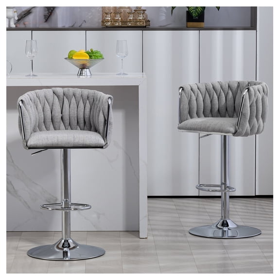 360° Fabric cover Swivel Bar Stools Set of 2, Adjustable Counter Height Bar Chairs with Woven Back & Footrest,Silver chromed Bar Stools for Kitchen Island, Cafe, Pub (Gray)