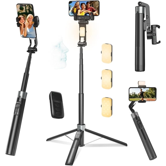 360 Face Tracking Selfie Stick Tripod with Handheld stabilizer Function, 70.9" Extendable Phone Tripod for iPhone with Light & Remote