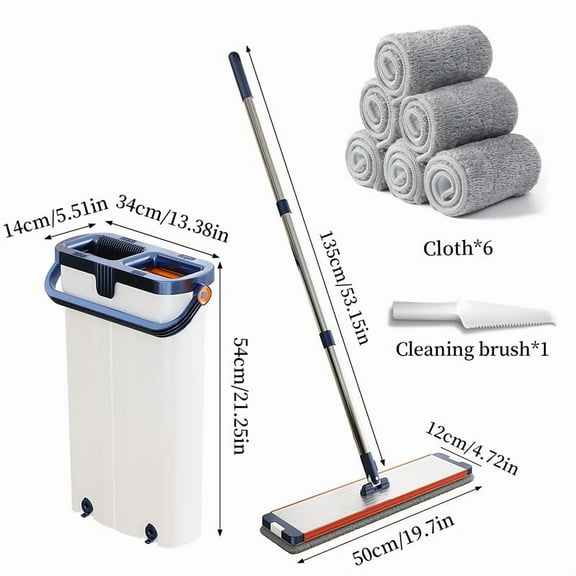 360° Flat Squeegee Mop & Bucket Set - Hands-Free Thin Design for Wet/Dry Use, 6 Microfiber Pads, Double Bucket System for Tile, Hardwood & Glass Floors