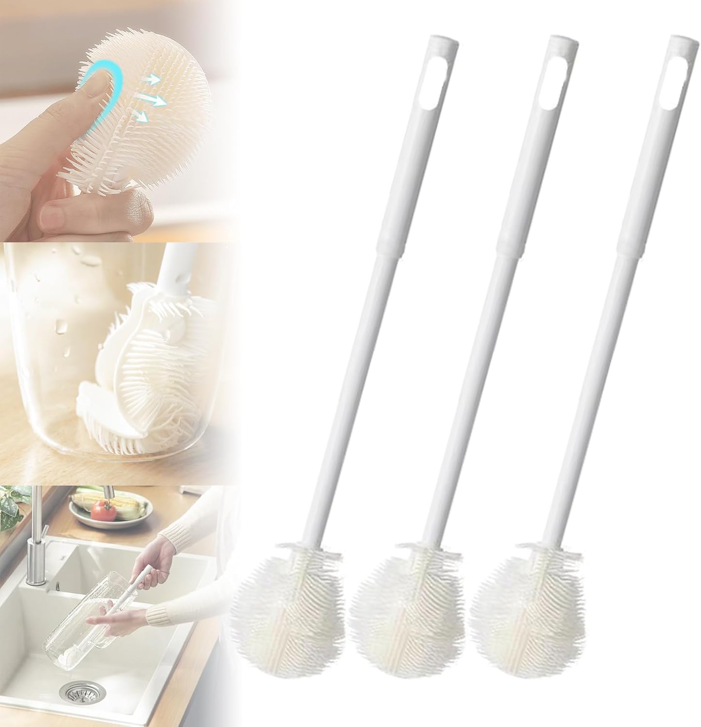 Kaxich 3-Pack Soft Bottle Brushes For Narrow Neck Bottles, Glasses, Mugs, Cups; Made Of Sponge And PP Material; Includes 3 X Brushes; White, Blue And Grey