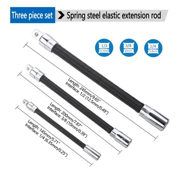 360 Flexible Wrench Extension Set - High Torque Spring Steel - 1/4", 3/8", & 1/2" Drive Sizes for Automotive Repairs