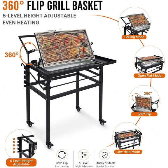 360 Flip Charcoal BBQ Grill, 5 Adjustable Height Settings Barbecue Grill with Lockable Universal Wheels and Detachable Legs Convert, Side Storage Compartment