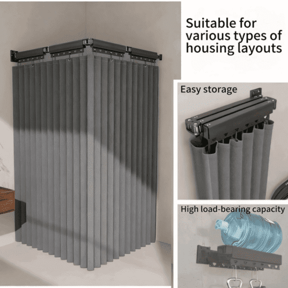 360 Folding Shower Curtain Rod with Liner, Wall Mount Bathroom Space Saver for Tub/Stall, Tension or Fixed Mount, 2/3/4/5 Panel (Grey, 3-Fold: 150x200cm)