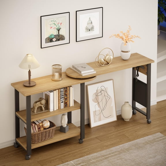 360° Free Rotating Sofa Side Table, Mobile L-Shaped Laptop Desk with Sturdy Metal Frame, 6 Casters, Movable Couch Snack Table with 2-Tier Storage Shelf for Home