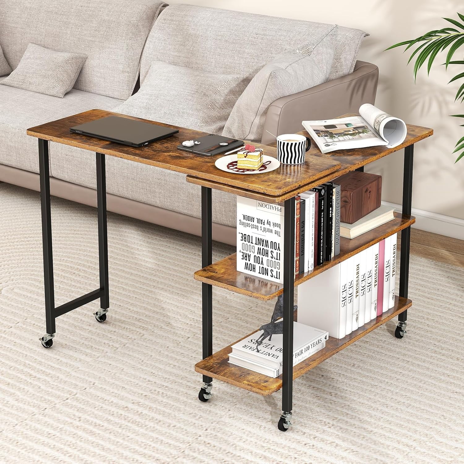 YITAHOME 360° Rotating Sofa Side Table With Drawer - Mobile Rolling Desk With Storage Shelves - View #5