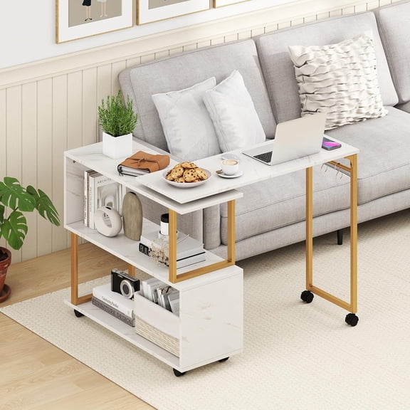 360 °   Free Rotating Sofa Side Table with Storage Bookcase and Headphone Hooks