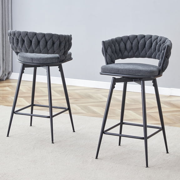 360° Free Rotation Modern Bar Stools with Breathable Linen Cushions for Kitchen or Dining Seating, Set of 2