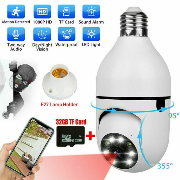 360 Full HD 1080P Wireless Wi-Fi IP Camera Security Bulb Light 32GB Memory Card