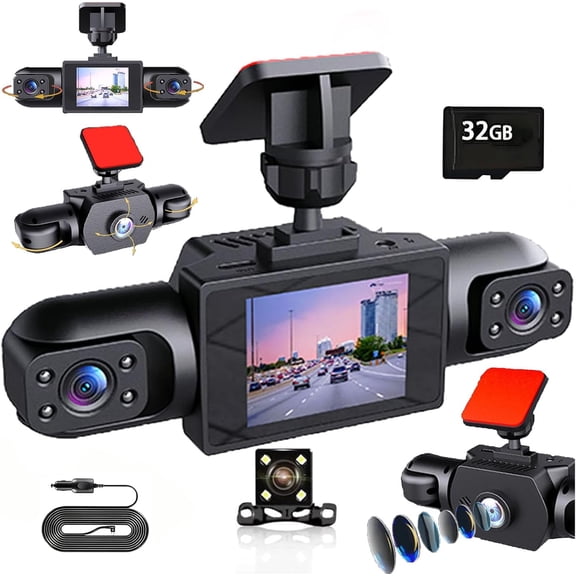360 Full View 4-Channel Dash Cam 4-Lens 1080P HD, Infrared Night Vision, Parking Monitor, Adjustable Lenses with 32GB Card (Black)Z