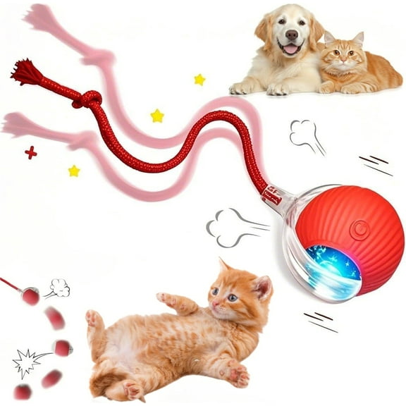 360Fully Rechargeable Rolling Moving Ball, Interactive Automatic Indoor Cat Dog Toys Ball,Smart Pet Chase Ball with Speedy Tail Rope, Stimulates Hunting Instincts and Promotes Exercise