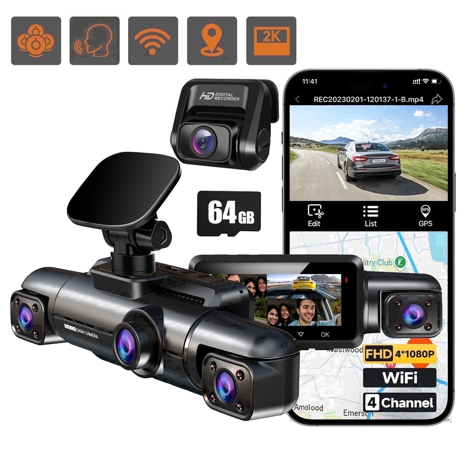 360° GPS 4-Channel Dash Cam for Cars, 1080P Front and Rear Inside Dashcam, Voice Control Car Camera, 64GB SD Card Included, IR Night Vision, WDR, WiFi & App Sup