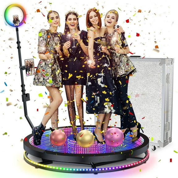 360 Glass Photo Booth Machine with Flight Case, Ring Light, 35.4" Automatic Spin Video Booth for Parties, Weddings, Birthdays, Holidays