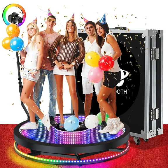 360 Glass Photo Booth Machine with Flight Case, Ring Light, 39.4" Automatic Spin Video Booth for Parties, Weddings, Birthdays, Holidays