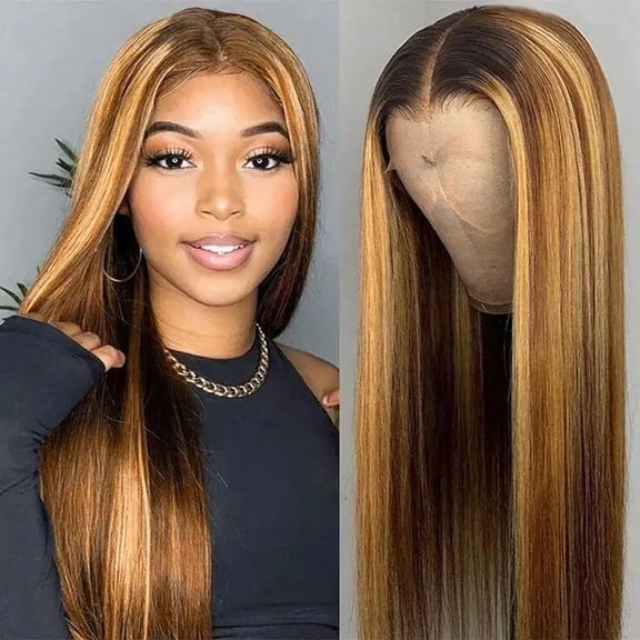 360 Highlight Ombre Straight Lace Front Wigs - Human Hair HD Full Lace Frontal Wig for Women, 180% Density