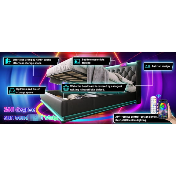 360 LED Light Show with Music, Strong Support - King Size Upholstered Bed for Quality Sleep