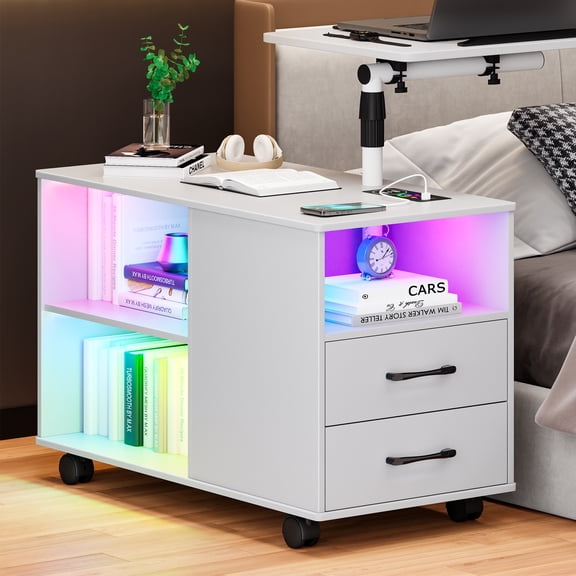 360° LED Nightstand with Wireless Charging Station, Movable Adjustable Bedside Table