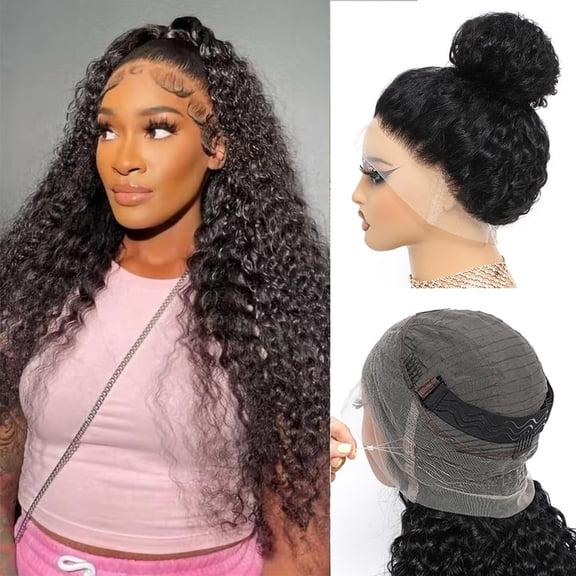 360 Lace Front Wigs Human Hair Hidden Strap Deep Wave 360 Full Lace Glueless Wigs Human Hair Pre Plucked Curly Frontal Wigs for Women with Baby Hair Natural Black 26 Inch