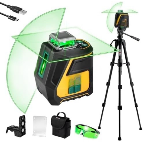 360 Laser Level with Tripod - IP54 Rechargeable Wide Angle Vertical Line Laser, 100Ft Green 3 Brightness Adjustment Self Leveling Cross Line for Construction, Floor Tile, Renovation$$