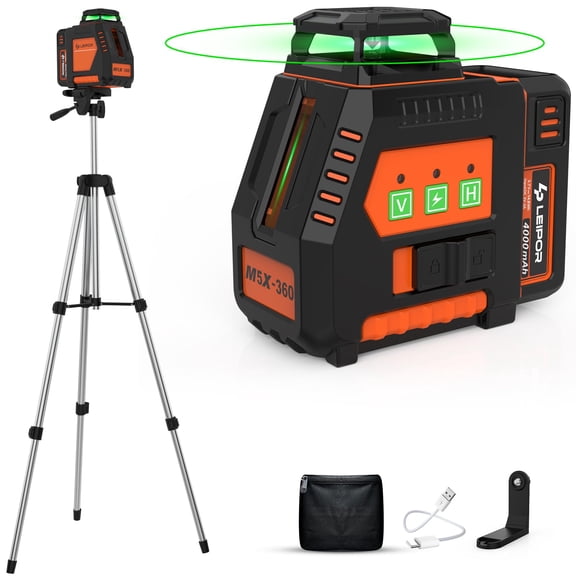 360 Laser Level with Tripod, LP LEIPOR Self Leveling Laser Level with Pulse Mode, 3 Brightness Levels Rechargeable Li-ion Battery Green Line Laser Leveler Tool for DIY Indoor Project