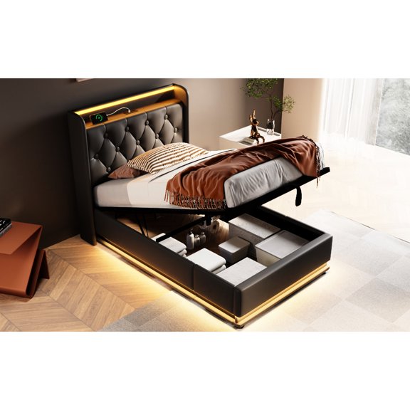 360° Led Twin Size Upholstered Bed, Hydraulic Storage Option, Type-c Connection, Black Pu Bed With 360 Surround Led, Importance, Type-c,