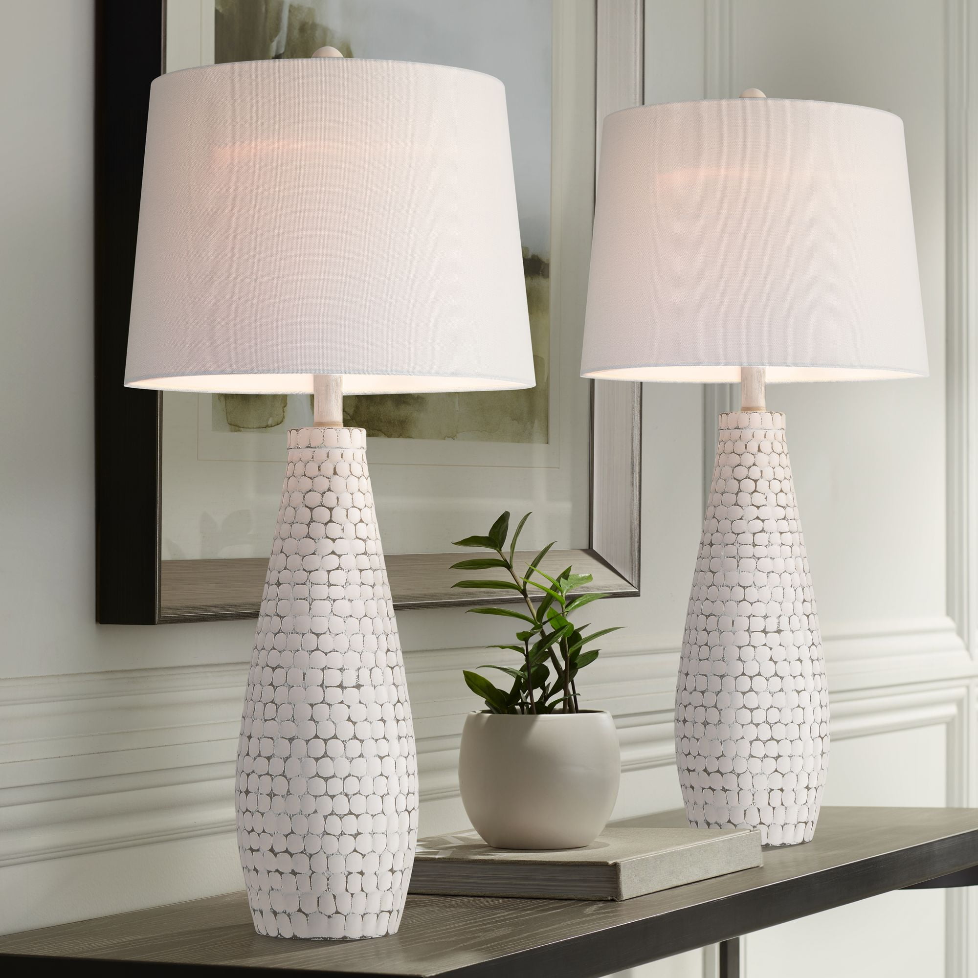 360 Lighting 29 1/2" Tall Modern Coastal End Table Lamps Set of 2 USB Port Whitewash Ceramic White Shade Living Room Charging