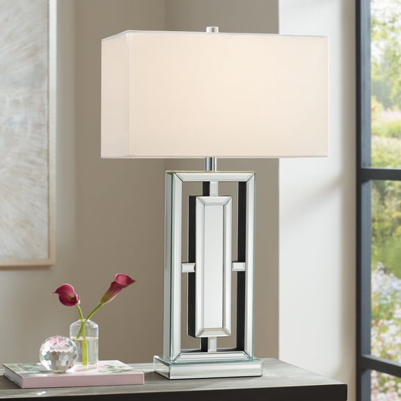 360 Lighting 29" Tall Rectangular Modern End Table Lamp Mirrored Glass Finish Metal Single Off-White Shade Living Room Bedroom