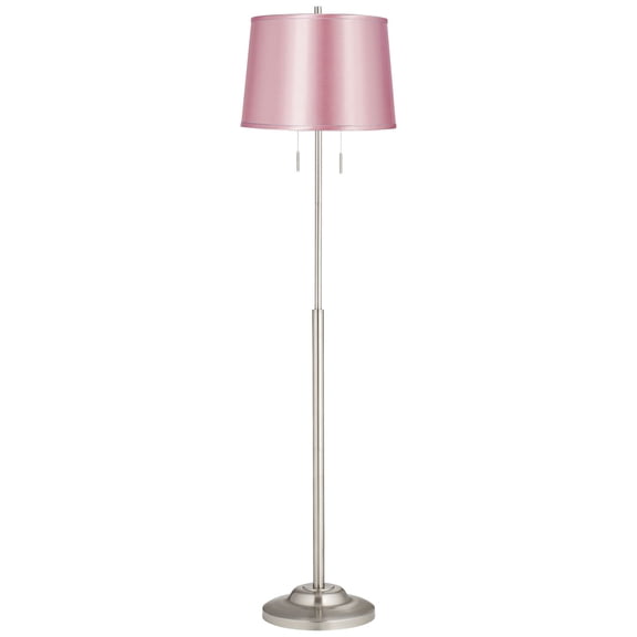 360 Lighting Abba Modern 65" Tall Standing Floor Lamp Pole Twin Pull Chain Silver Metal Brushed Steel Finish Drum Pale Pink Shade