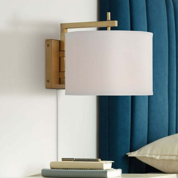 360 Lighting Adair Mid Century Modern Wall Lamp Warm Brass Metal Plug-in 12" Light Fixture Linen Drum Shade for Bedroom Reading Living Room Hallway
