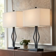 360 Lighting Ally Modern Table Lamps 26 1/2" High Set of 2 Black Metal with USB Charging Port Rectangular Fabric Shade for Bedroom Living Room Desk