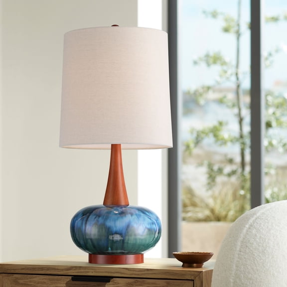 360 Lighting Andi 25" High Mid Century Modern Coastal 3-Way Table Lamp Blue Ceramic Wood Single Living Room Bedroom Colors May Vary