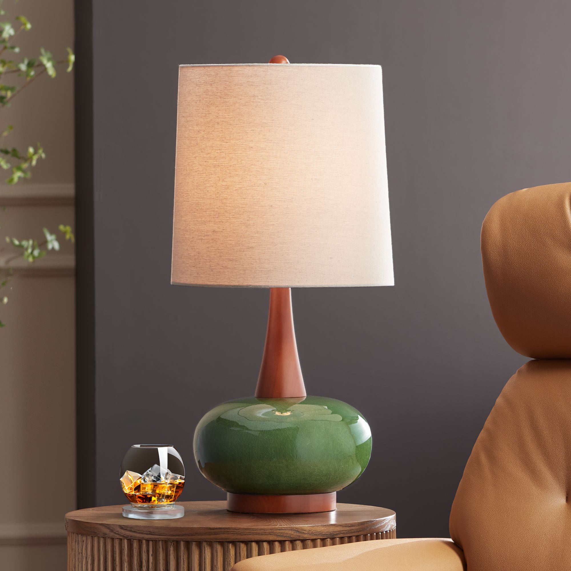 360 Lighting Andi 25" High Mid Century Modern 3-Way Table Lamp Green Ceramic Wood Single White Shade Living Room Bedroom Colors May Vary