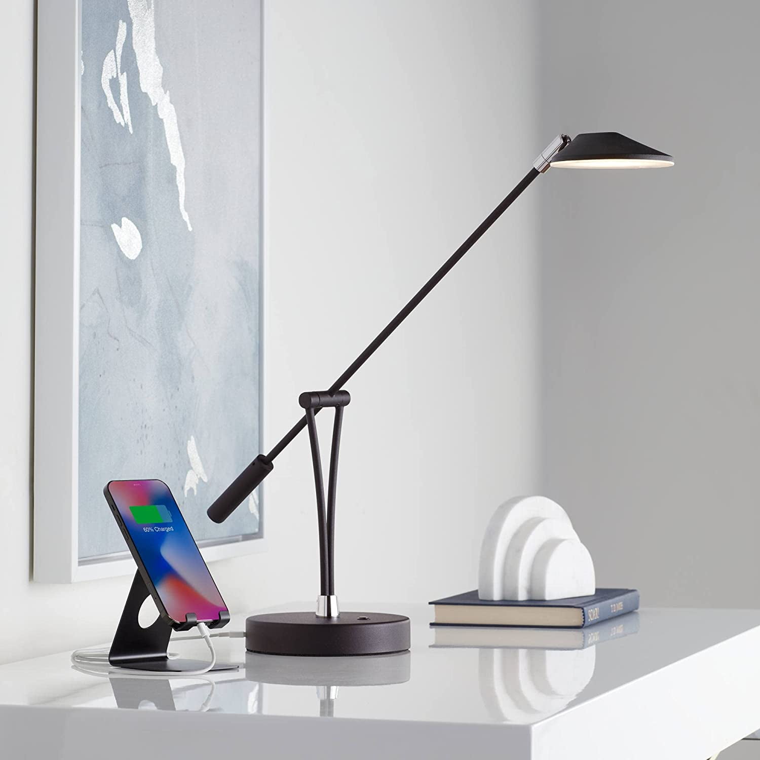 Satin Black Adjustable Metal Desk Lamp with USB Port