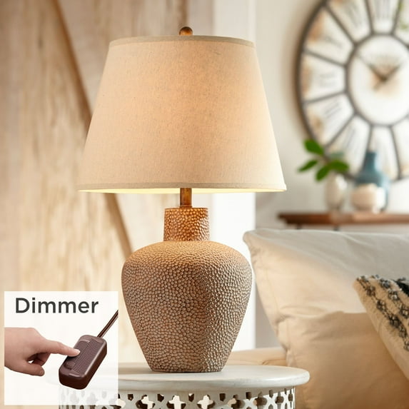 360 Lighting Bentley Rustic Farmhouse Table Lamp 29" Tall Brown Leaf Hammered with Table Top Dimmer Off White Empire Shade for Bedroom Living Room