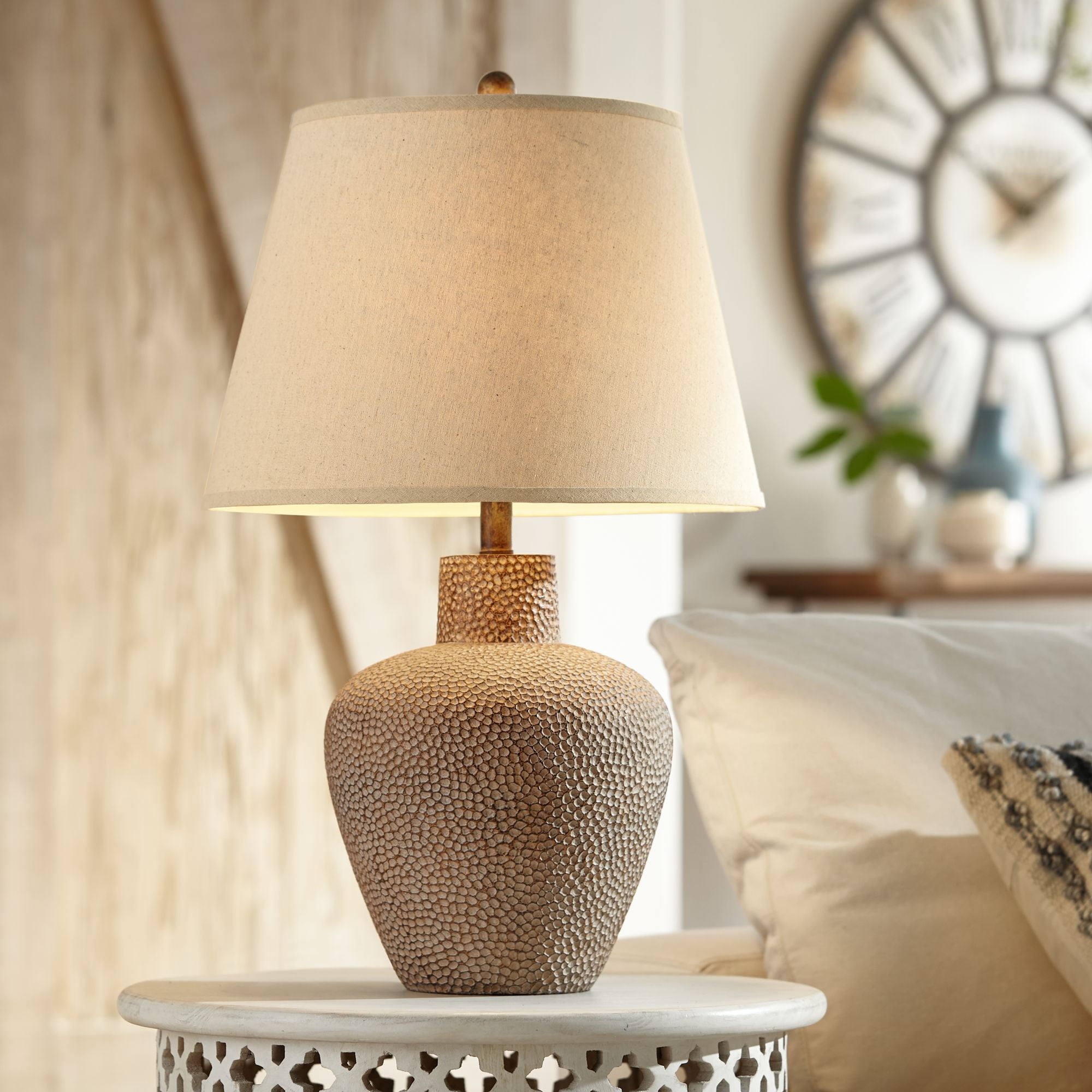 Bentley 29" Brown Leaf Hammered Pot Table Lamp with Off-White Shade