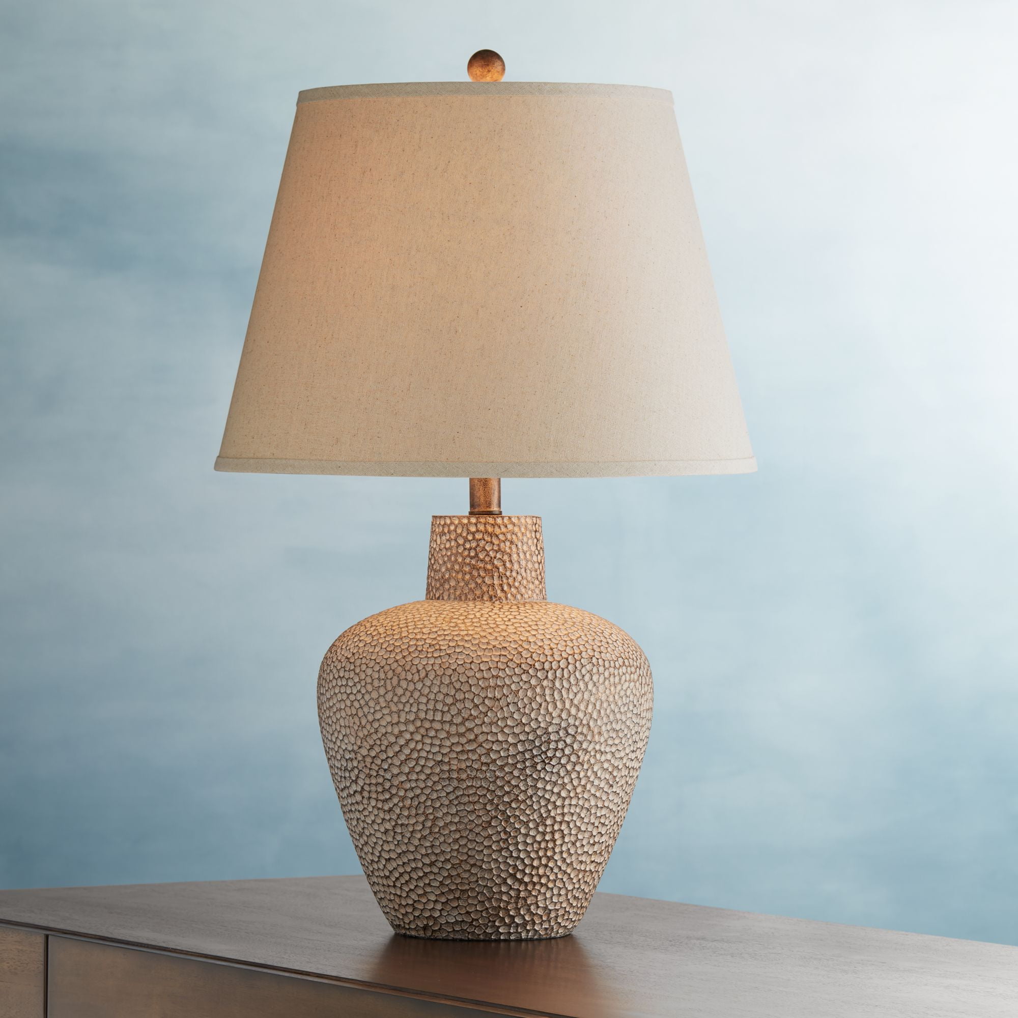 Bentley 29" Brown Leaf Hammered Pot Table Lamp with Off-White Shade