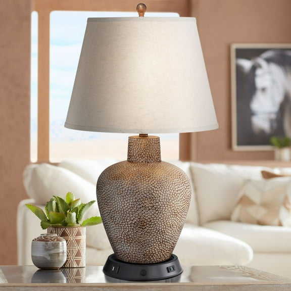 360 Lighting Bentley Rustic Farmhouse Table Lamp 29" Tall Brown Leaf with Dimmable USB Workstation Base Off White Empire Shade for Bedroom Living Room
