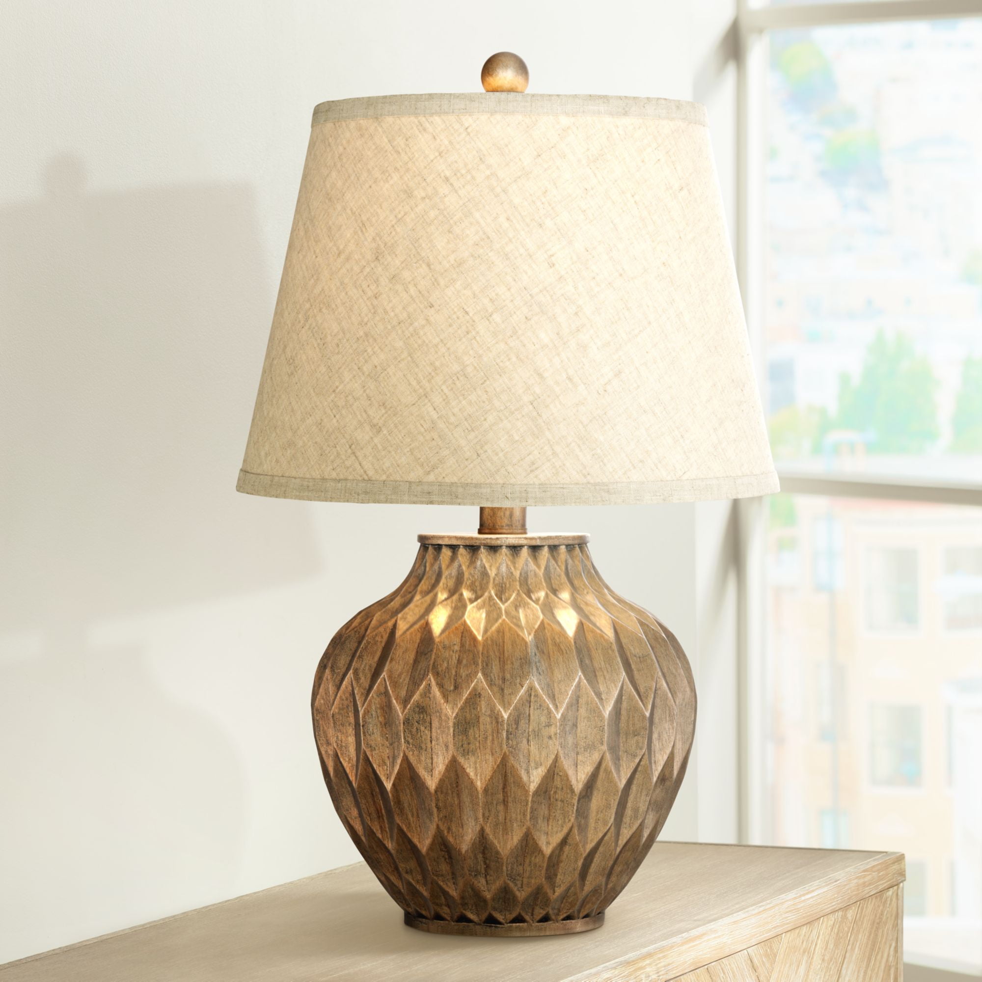 Warm Bronze Geometric Urn Table Lamp with Drum Shade