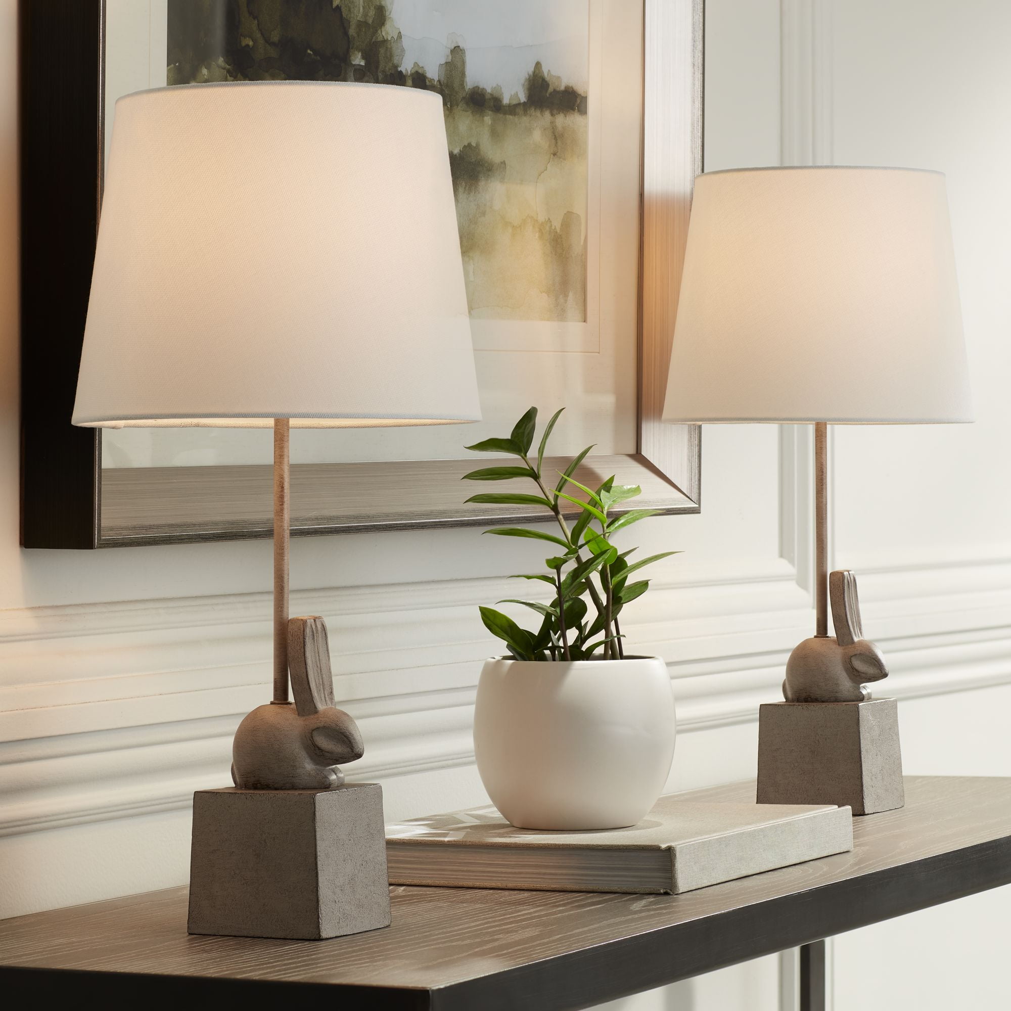 Set of 2 Gray Resin Bunny Table Lamps with White Fabric Shades