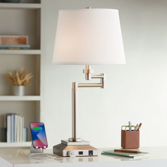 360 Lighting Camber Modern Desk Table Lamp 29" Tall Brushed Steel with USB and AC Power Outlet in Base Swing Arm Linen Shade for Bedroom Living Room