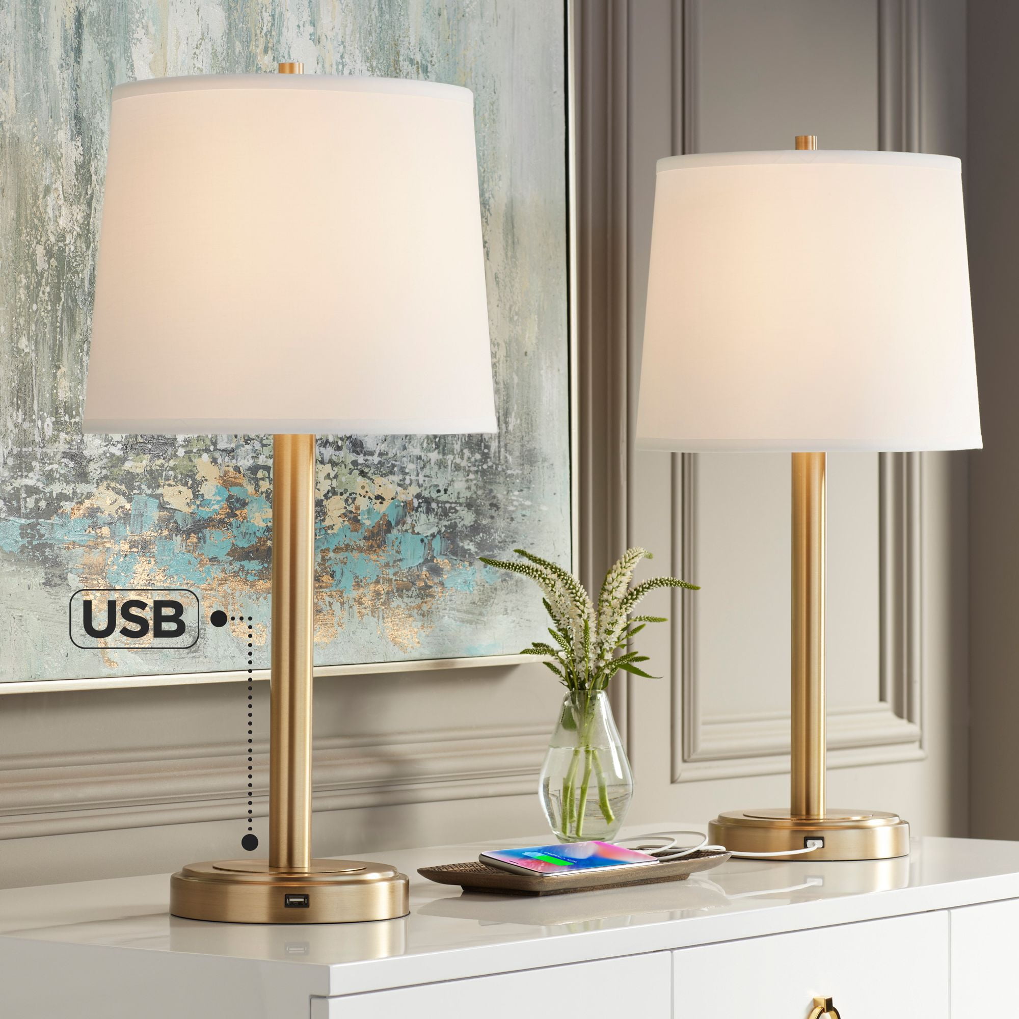 360 Lighting Randi 24 inch High Small Modern Coastal Table Lamps Set of 2 USB Port Night Light White Glass Living Room Charging, Beige